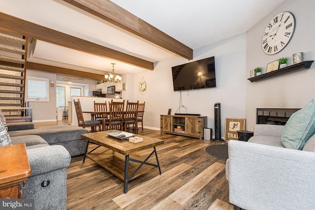 living room with a chandelier, beam ceiling, and wood-type flooring