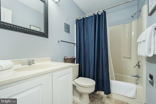 full bathroom with vanity, shower / bath combination with curtain, and toilet