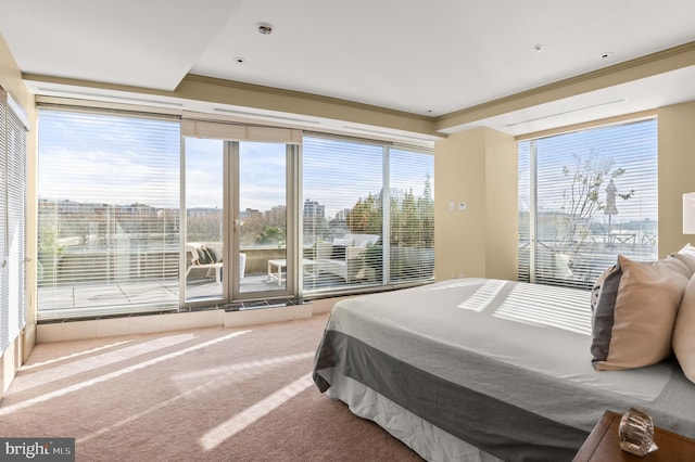 carpeted bedroom featuring multiple windows and crown molding