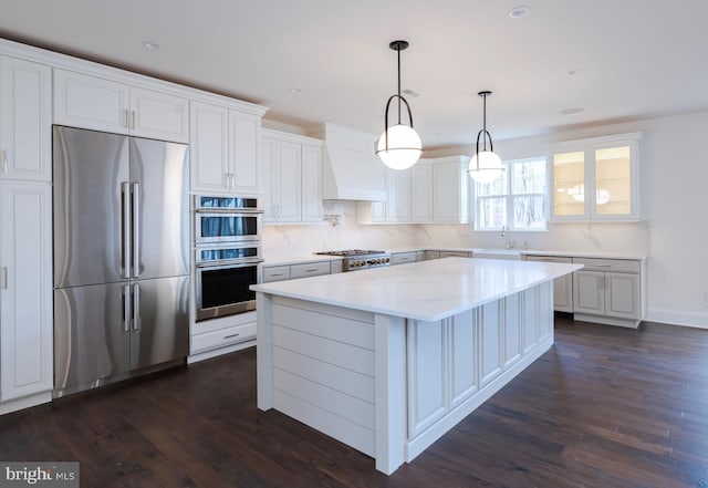 kitchen with appliances with stainless steel finishes, custom exhaust hood, decorative light fixtures, a center island, and white cabinetry