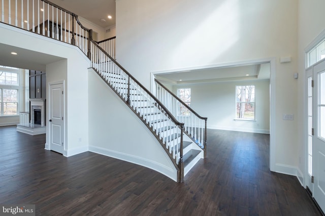 entryway featuring a wealth of natural light, a towering ceiling, and dark hardwood / wood-style floors