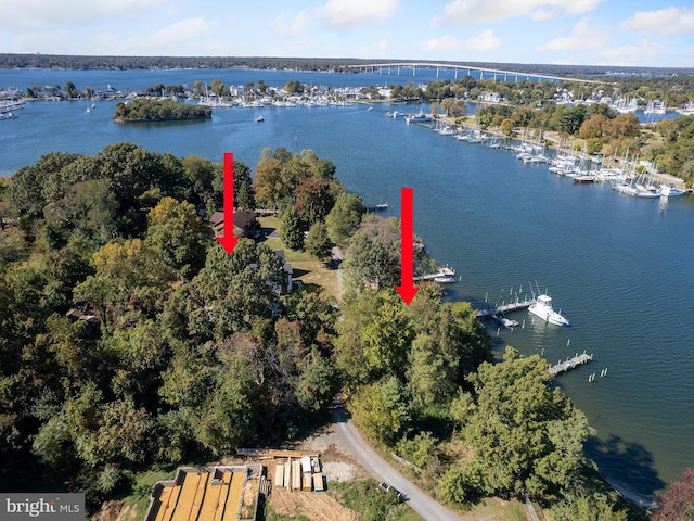 birds eye view of property with a water view