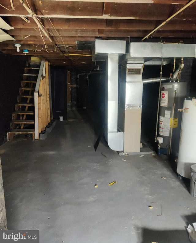 basement with heating unit and gas water heater