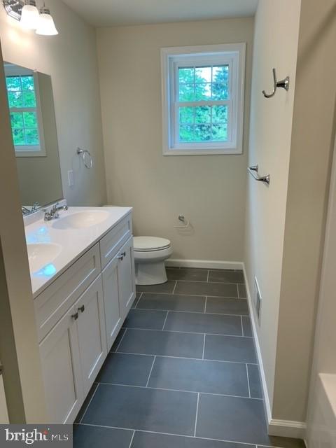 bathroom with tile patterned flooring, vanity, and toilet