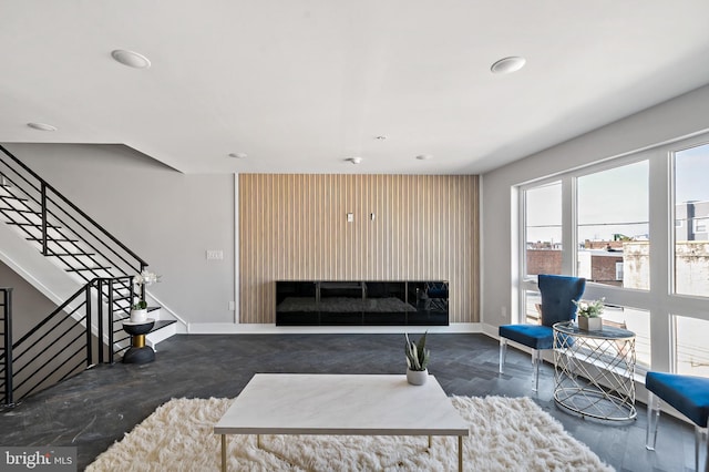 living room with a large fireplace