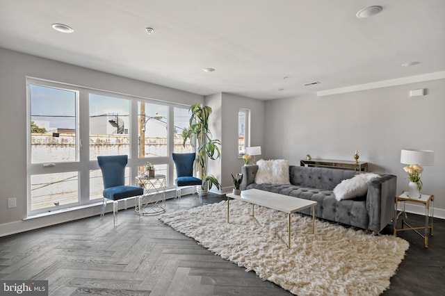 living room featuring dark parquet flooring