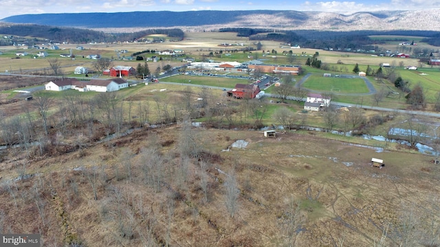 birds eye view of property featuring a mountain view and a rural view