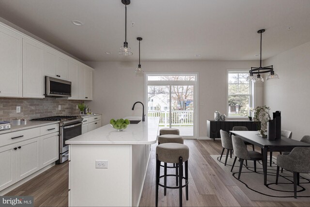 kitchen featuring stainless steel appliances, a kitchen island with sink, sink, white cabinets, and hanging light fixtures