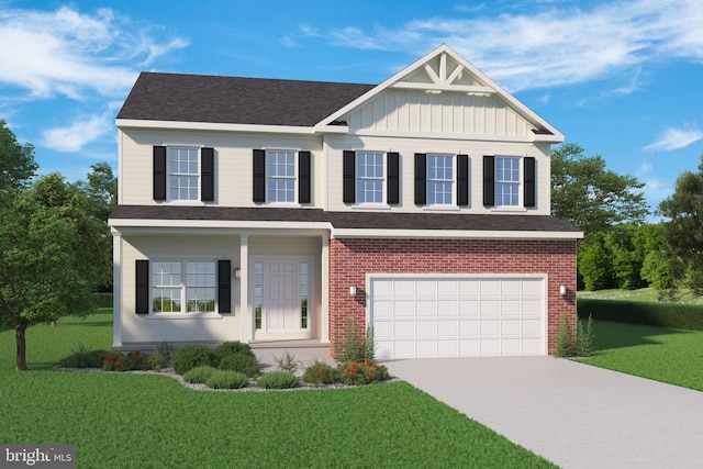 view of front of property with a front yard and a garage