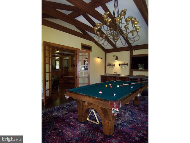 rec room featuring french doors, high vaulted ceiling, a chandelier, and pool table