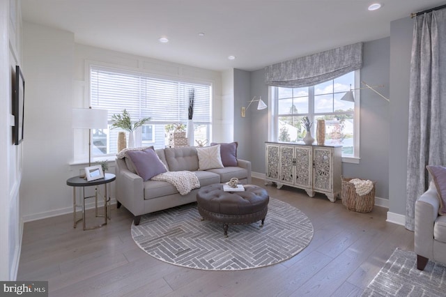 living room with plenty of natural light and hardwood / wood-style floors