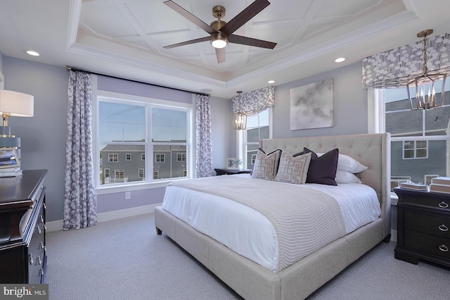 carpeted bedroom with beam ceiling, ceiling fan, and coffered ceiling