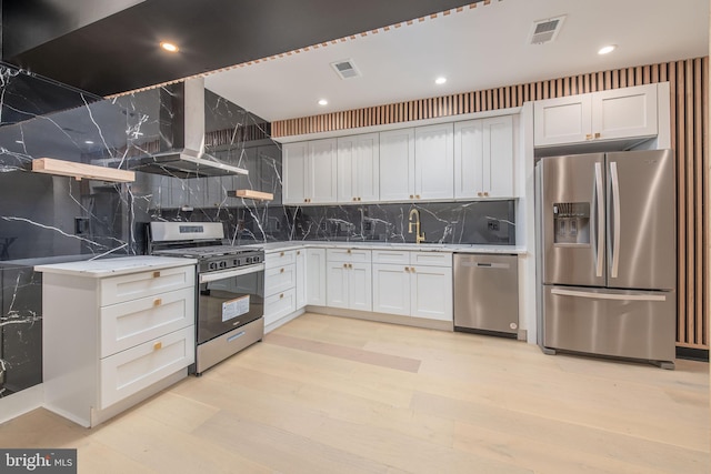 kitchen featuring backsplash, sink, wall chimney exhaust hood, appliances with stainless steel finishes, and white cabinetry