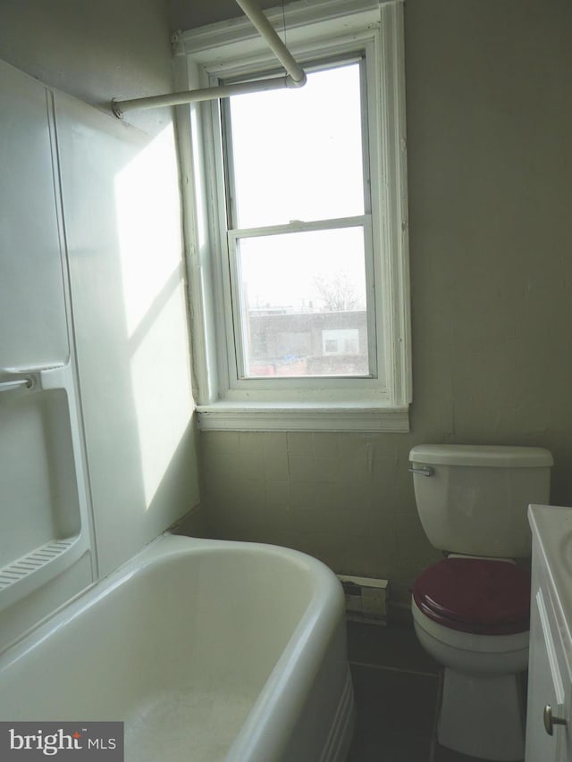 bathroom featuring vanity, toilet, a tub to relax in, and a wealth of natural light