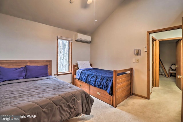 carpeted bedroom with a wall unit AC, ceiling fan, and lofted ceiling