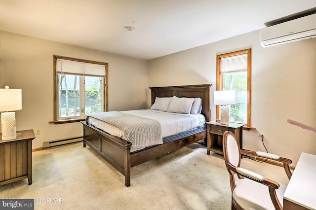 carpeted bedroom with a baseboard radiator and a wall mounted air conditioner