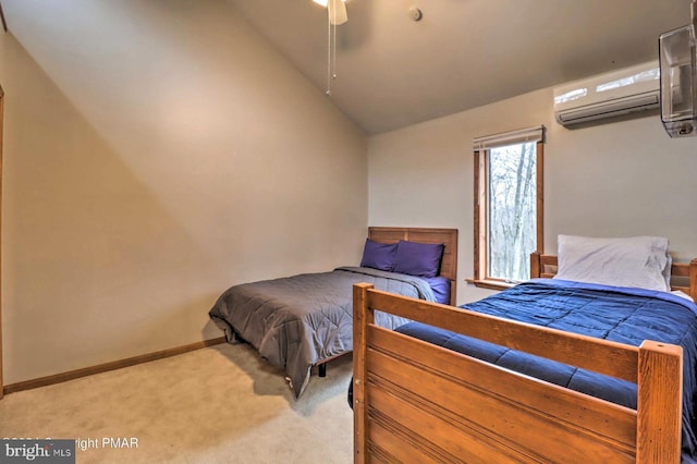 bedroom with a wall unit AC, ceiling fan, light colored carpet, and lofted ceiling