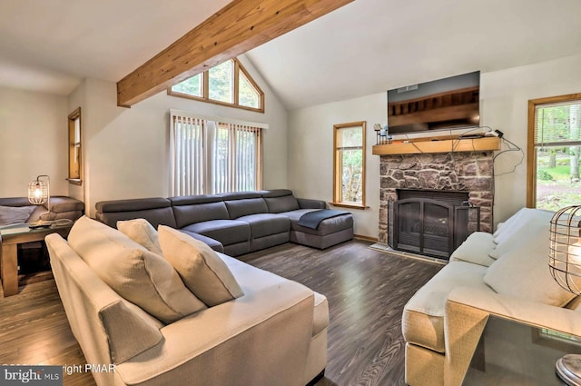 living room featuring a fireplace, dark hardwood / wood-style flooring, and beamed ceiling