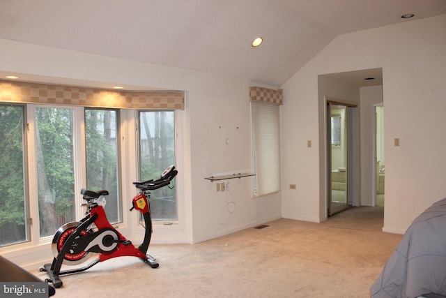 exercise area with vaulted ceiling and light carpet