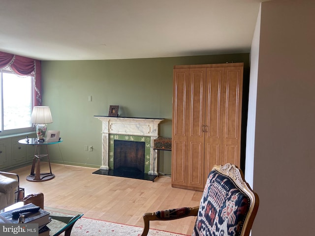 living room featuring a fireplace and light hardwood / wood-style floors