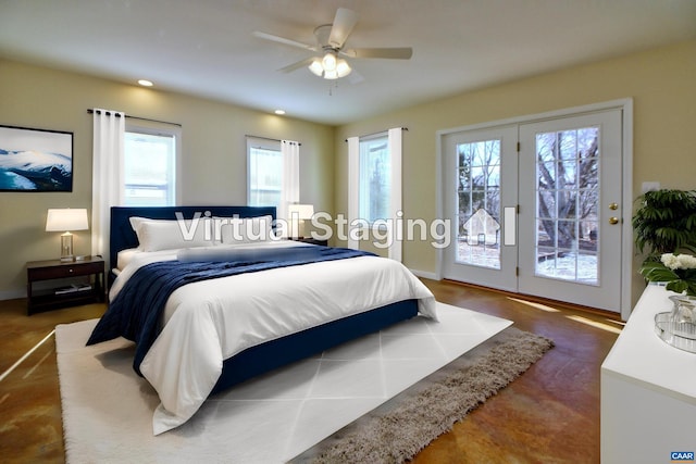 bedroom with ceiling fan and access to exterior