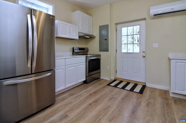 kitchen featuring appliances with stainless steel finishes, light wood-type flooring, a wall mounted AC, electric panel, and white cabinetry