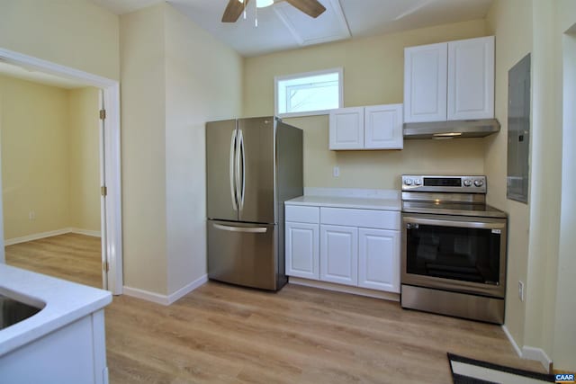 kitchen featuring light hardwood / wood-style floors, stainless steel appliances, ceiling fan, electric panel, and white cabinetry