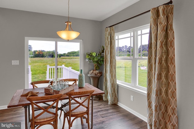 dining area with a healthy amount of sunlight, dark wood-type flooring, and baseboards