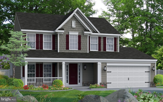 view of front of home with a porch, concrete driveway, and a garage