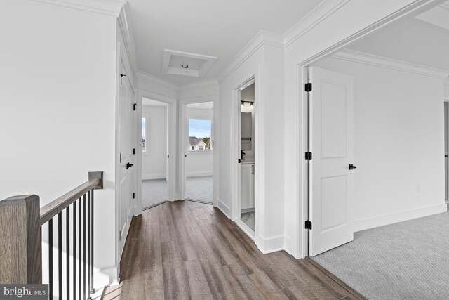 unfurnished living room featuring dark wood-type flooring, an inviting chandelier, and ornamental molding