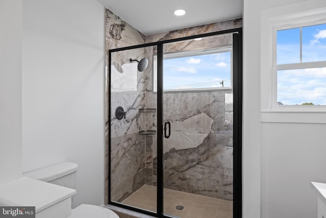 full bathroom featuring a shower stall, toilet, and plenty of natural light