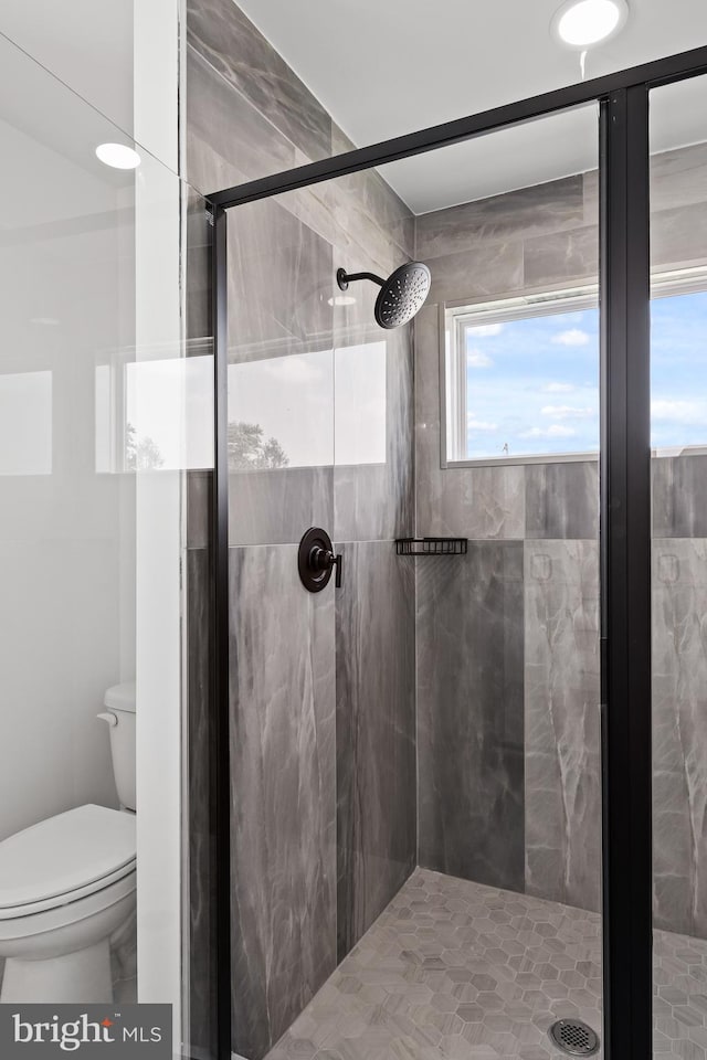 bathroom with a shower stall and toilet