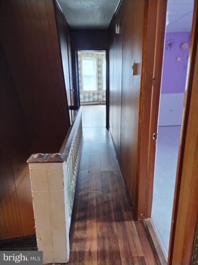 hallway featuring wooden walls and dark wood-type flooring