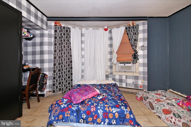 tiled bedroom with cooling unit and a baseboard radiator