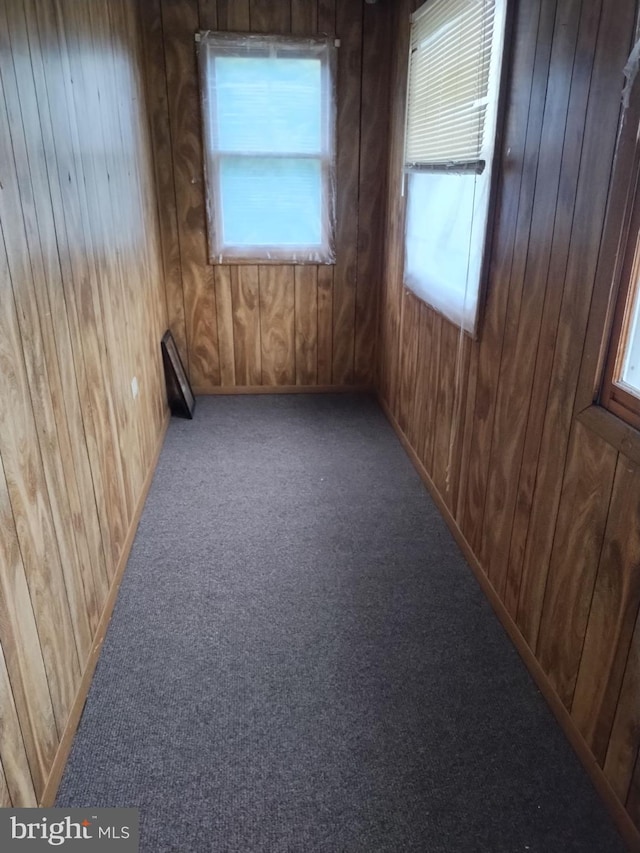 carpeted empty room featuring wooden walls