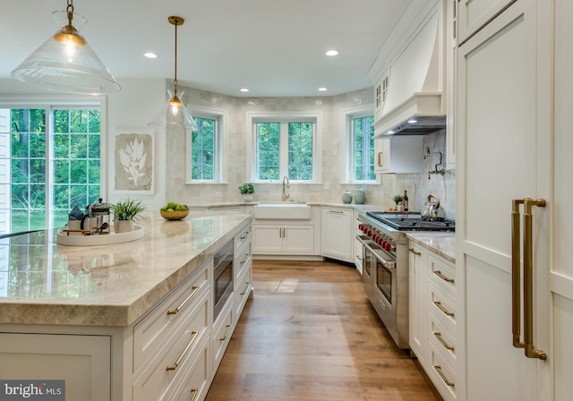 kitchen with custom exhaust hood, white cabinets, sink, light stone countertops, and appliances with stainless steel finishes