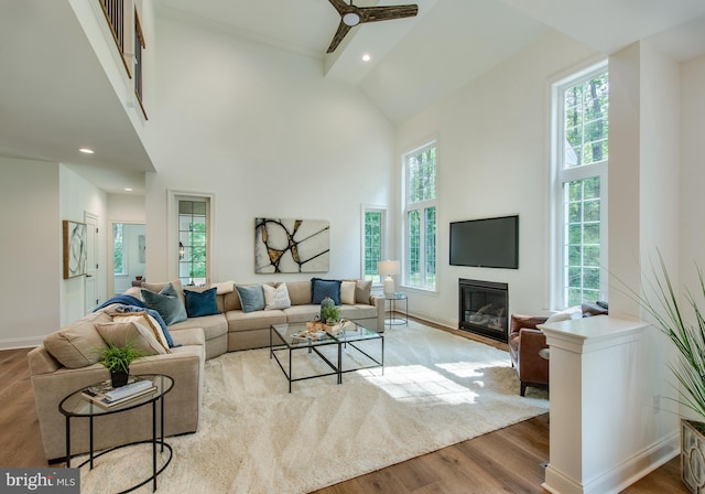 living room with ceiling fan, high vaulted ceiling, and light wood-type flooring