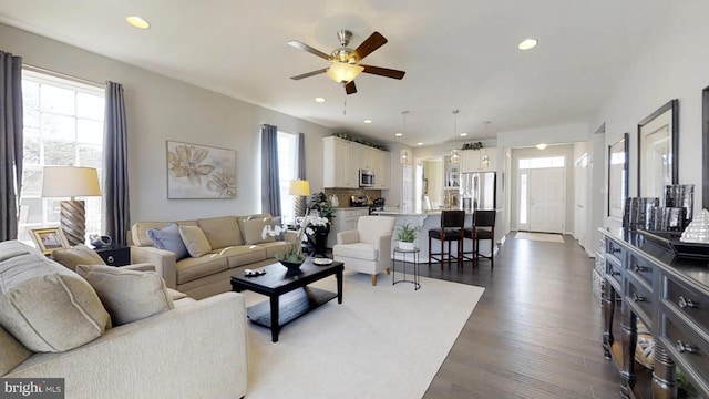 living room with ceiling fan and dark hardwood / wood-style floors