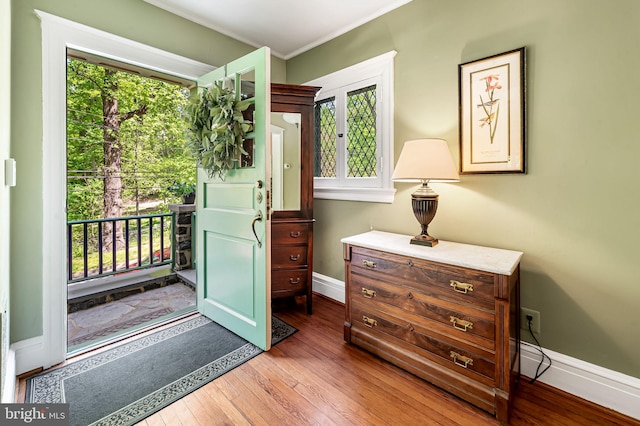entryway with baseboards, a wealth of natural light, and hardwood / wood-style floors