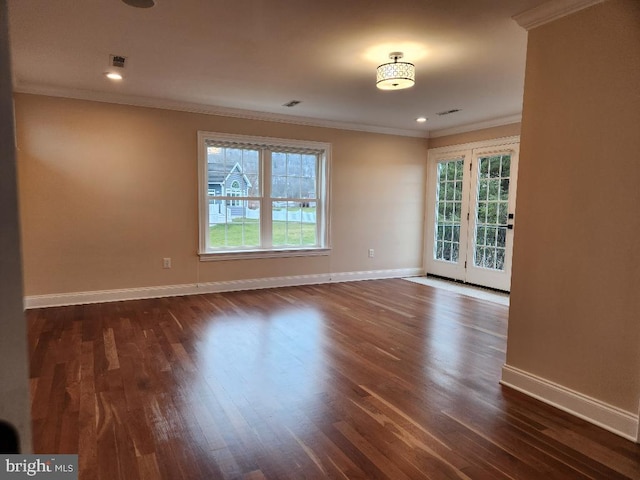 spare room with dark wood-type flooring, crown molding, and plenty of natural light