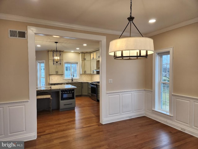 kitchen with dark hardwood / wood-style floors, pendant lighting, a healthy amount of sunlight, and stove