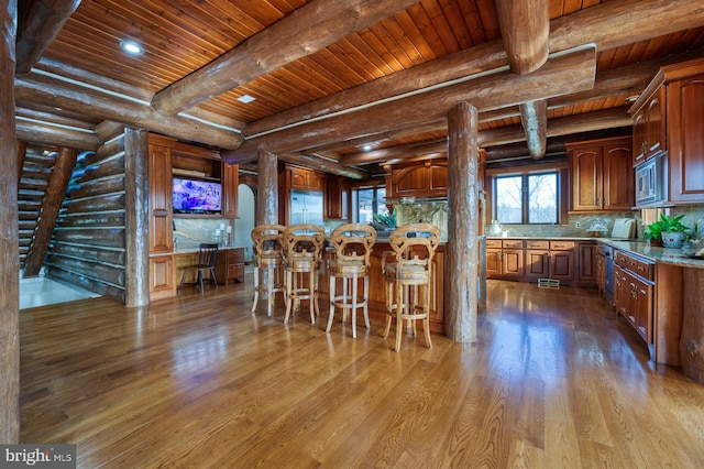 kitchen with backsplash, wood ceiling, log walls, built in appliances, and light hardwood / wood-style flooring