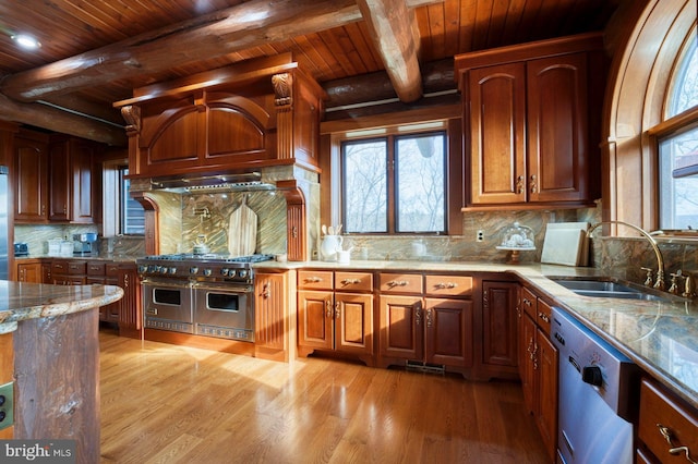 kitchen featuring sink, appliances with stainless steel finishes, tasteful backsplash, light hardwood / wood-style floors, and wood ceiling