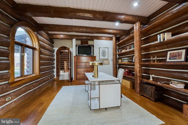 office area featuring beam ceiling, wood ceiling, dark wood-type flooring, and log walls