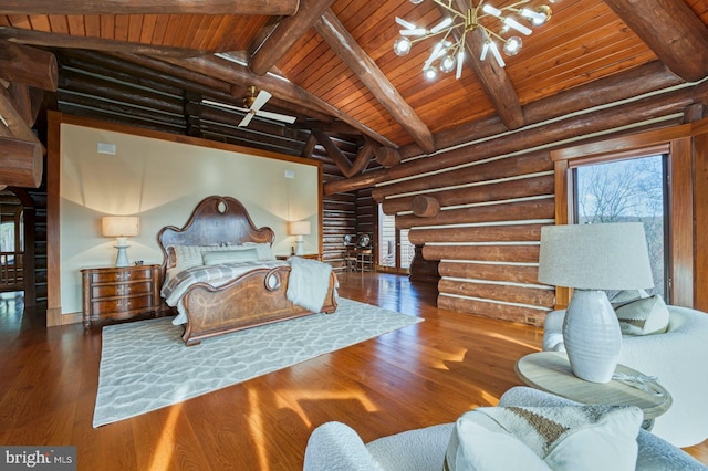 bedroom with rustic walls, an inviting chandelier, beamed ceiling, wood-type flooring, and wood ceiling