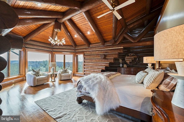 bedroom with wooden ceiling, an inviting chandelier, log walls, beamed ceiling, and light hardwood / wood-style floors