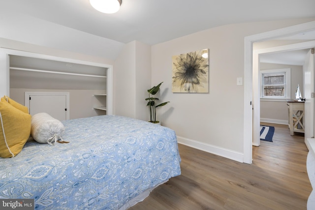 bedroom with a closet, hardwood / wood-style floors, and lofted ceiling