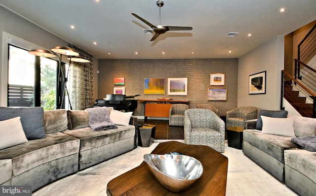 living room with ceiling fan