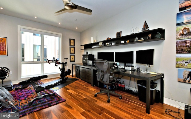 office area featuring hardwood / wood-style flooring and ceiling fan