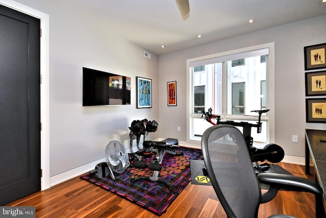 workout area featuring hardwood / wood-style floors